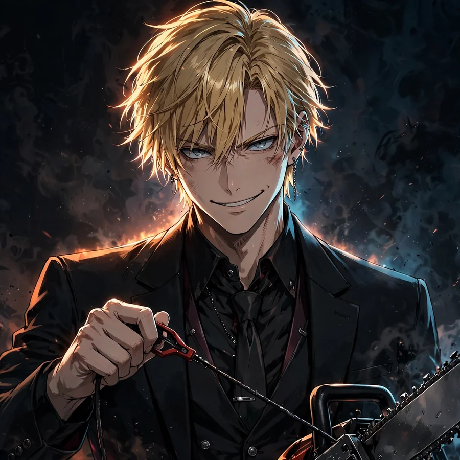 Pp denji keren: original suited Denji holding the chainsaw ripcord, smug grin