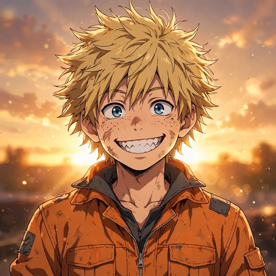 Human denji pfp: original spiky blond hair Denji with a sharp-toothed grin