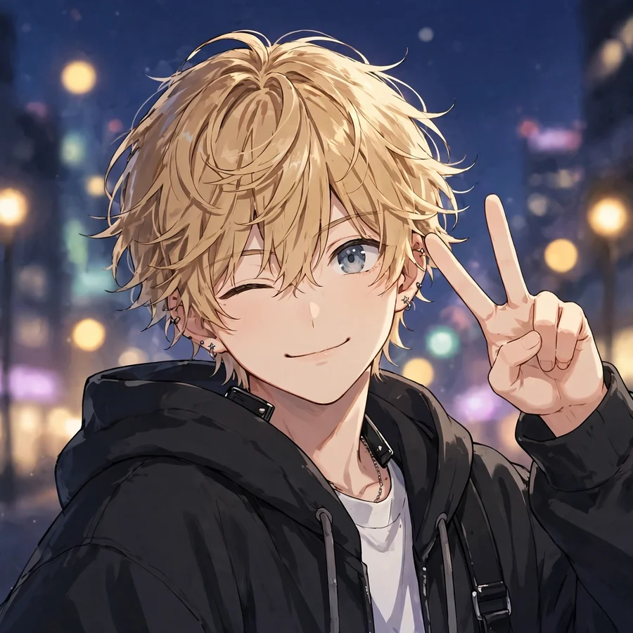 Denji pp: original human Denji winking with a peace sign, city lights behind