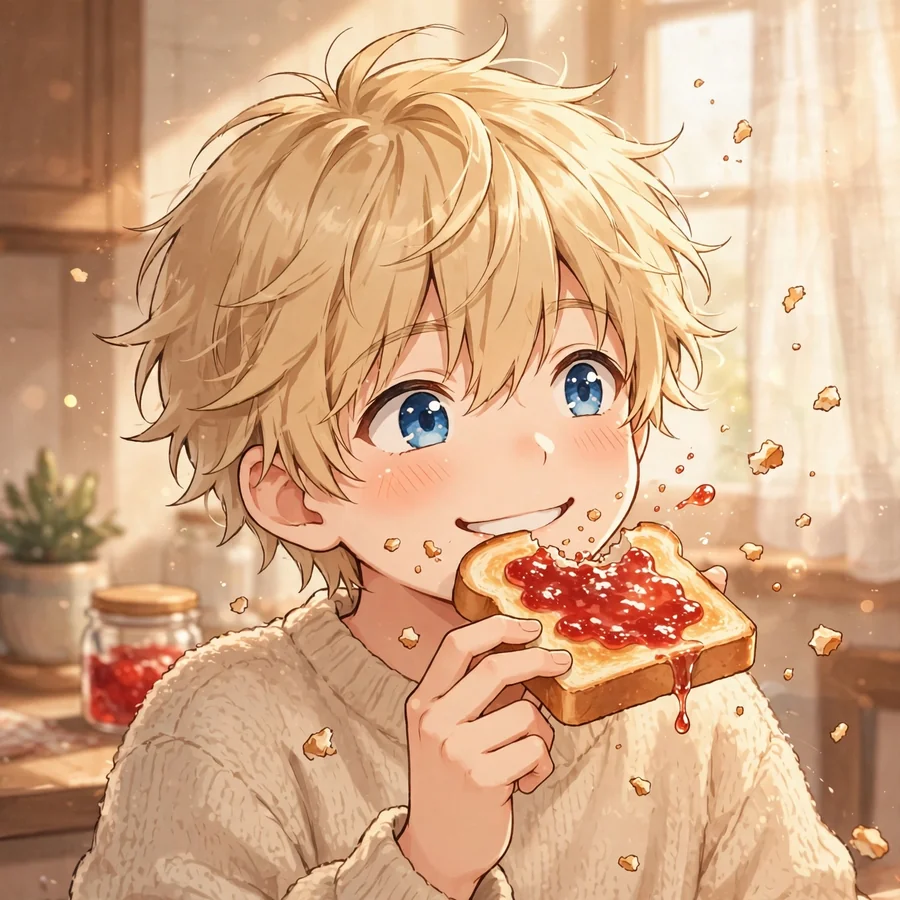 Pp denji: original human Denji eating toast in warm morning light