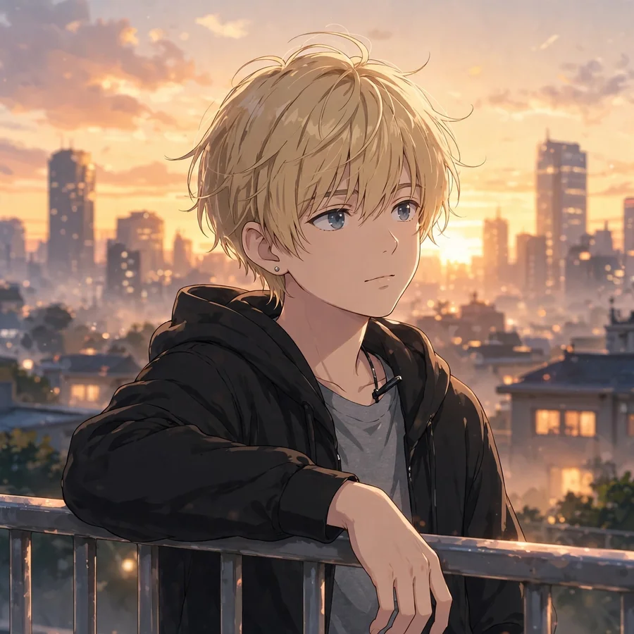 Human denji pfp: original Denji leaning on a railing at sunset