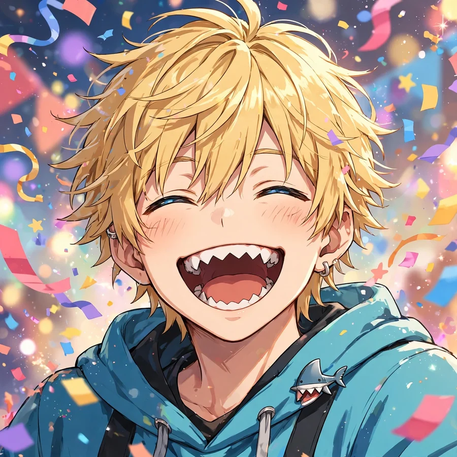 Denji pfp: original human Denji laughing with shark-like teeth, confetti falling