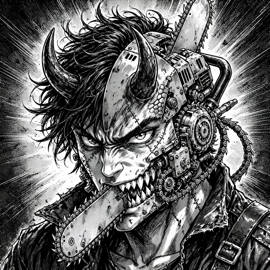 Denji pfp manga: original black-and-white manga panel portrait, heavy inks