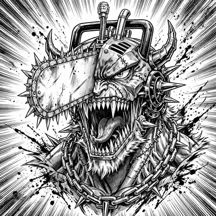 Denji manga pfp: original monochrome hybrid roaring with speed lines
