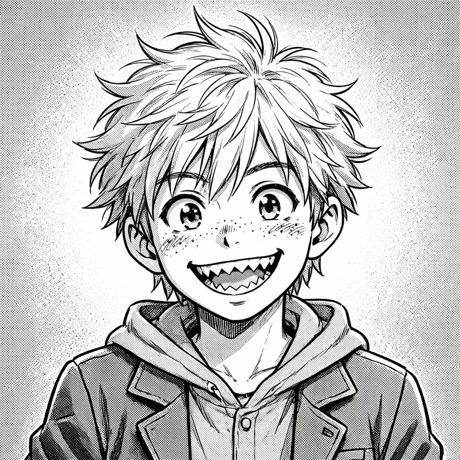 Denji pfp manga: original manga-style human Denji grinning, halftone dots