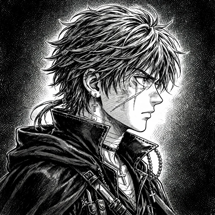 Denji side profile: original manga-style side profile with dramatic hatching