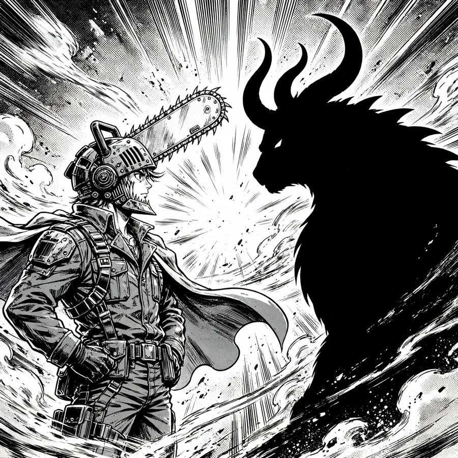 Denji pfp manga: original monochrome splash of Denji facing a devil