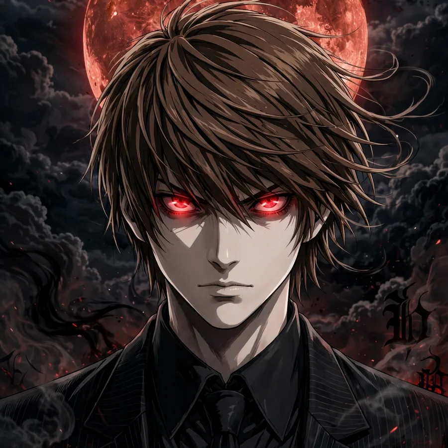 Dark death note pfp: original Kira glare with blood-red moon