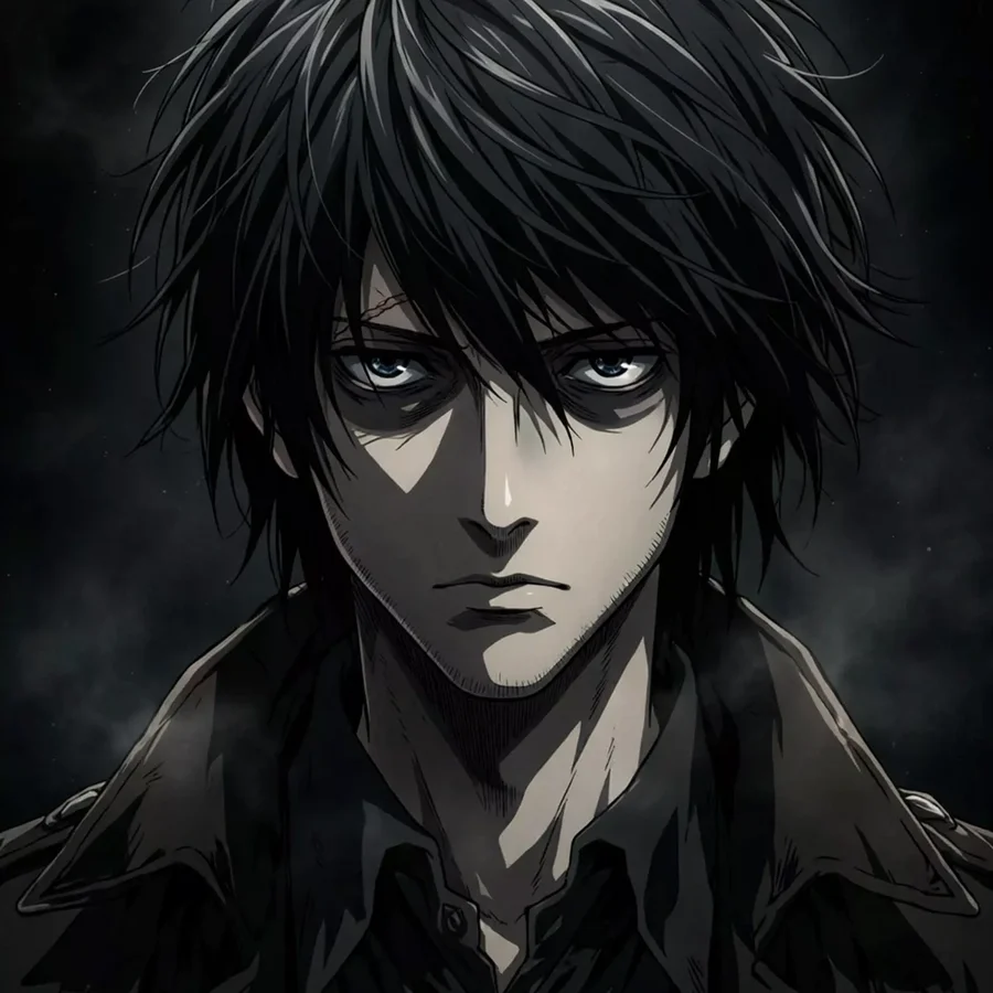 Dark death note pfp: original L in shadows with single spotlight