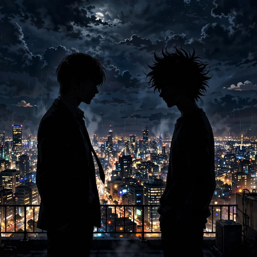 Death note pfp: original Light L silhouettes on rooftop