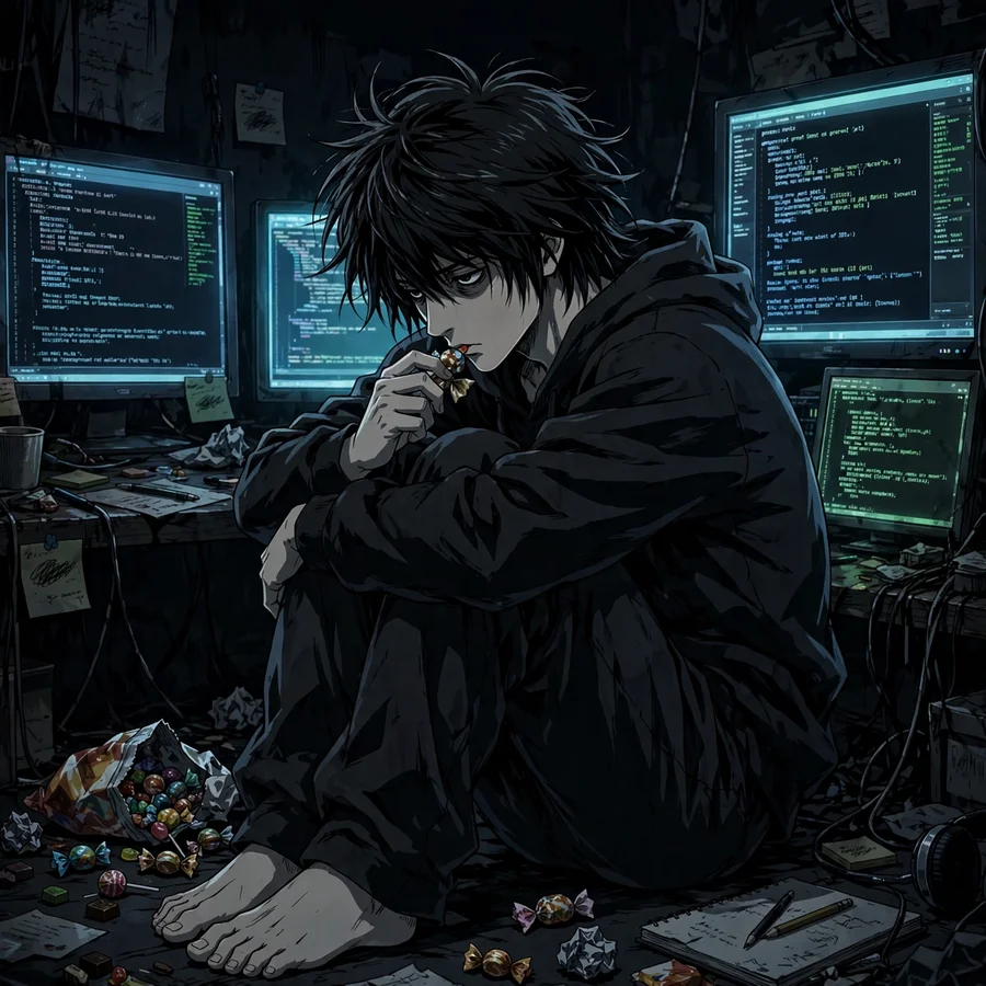 L death note pfp: original L hunched silhouette with sweets
