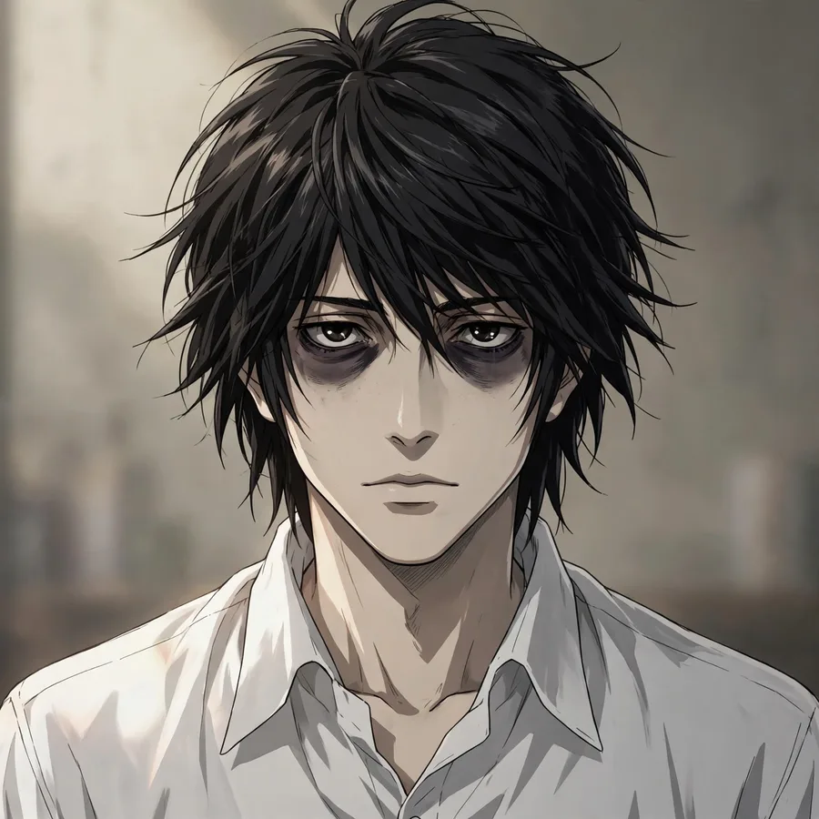Death note pfp: original L with messy black hair and panda eyes