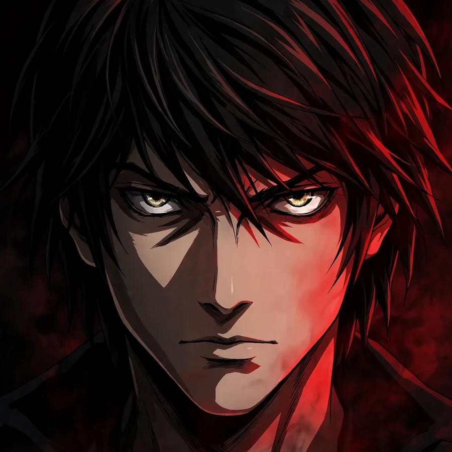 Death note light pfp: original Light close-up with god-complex glare