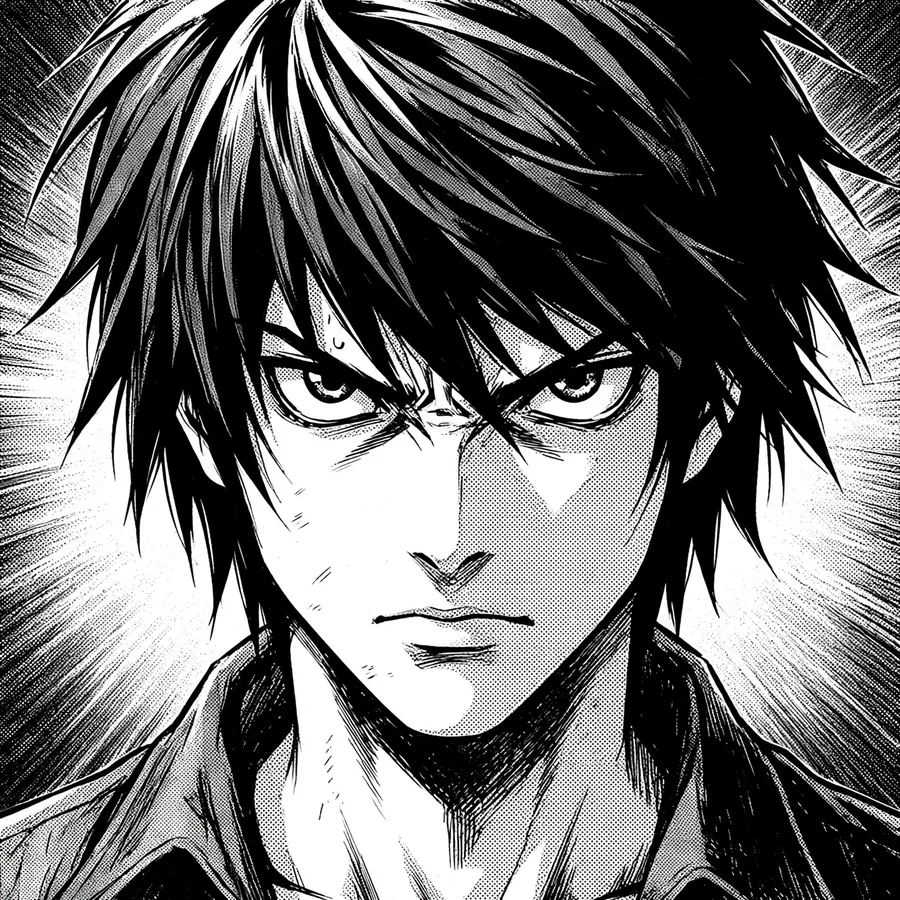 Death note manga pfp: original inked Light close-up with screentones