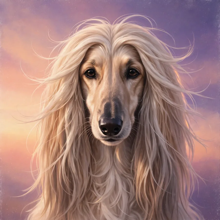 Aesthetic dog pfp: original afghan hound at sunset in peach and purple