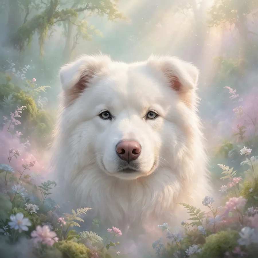 Aesthetic dog pfp: original white dog in a misty pastel forest
