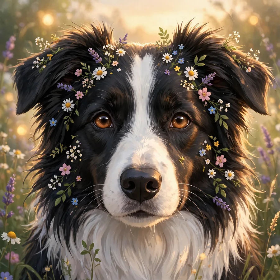 Aesthetic dog pfp: original border collie with flowers in golden hour light