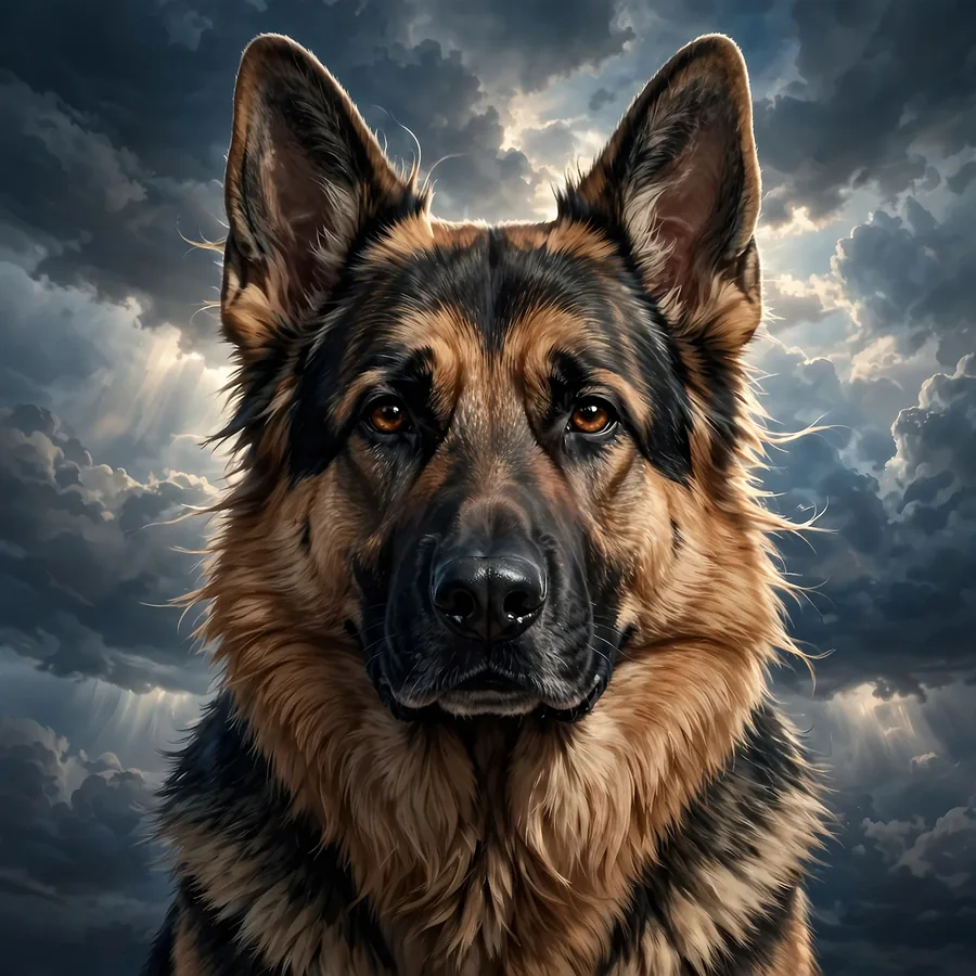 Dog breed pfp: original noble german shepherd under a dramatic sky