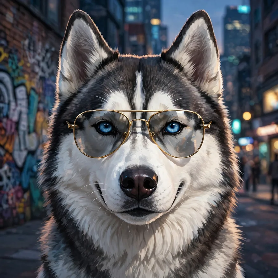 Cool dog pfp: original husky with blue eyes and aviator sunglasses