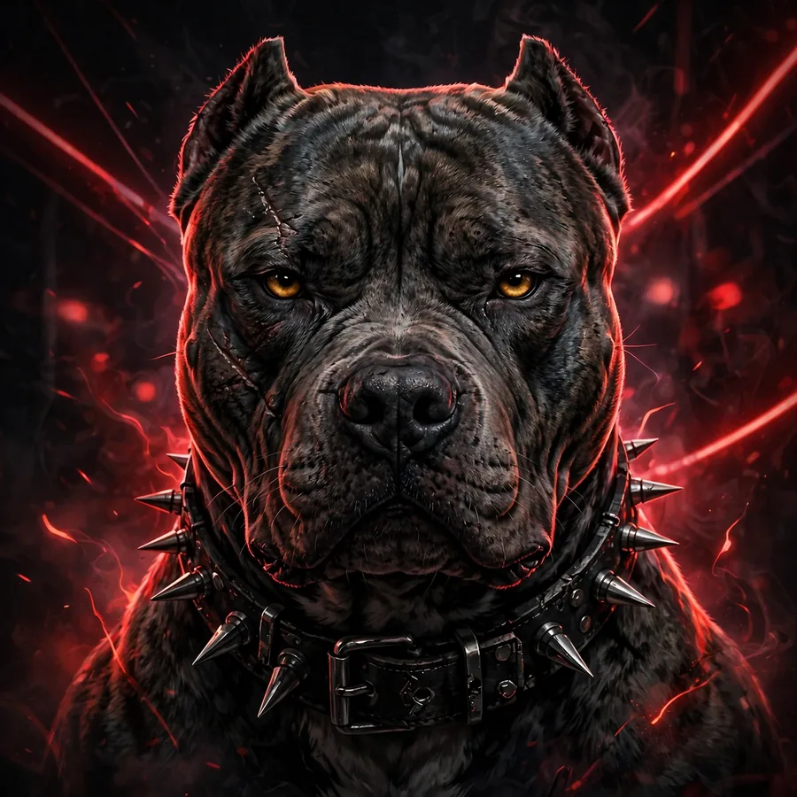Cool dog pfp: original pitbull with a spiked collar and red neon glow