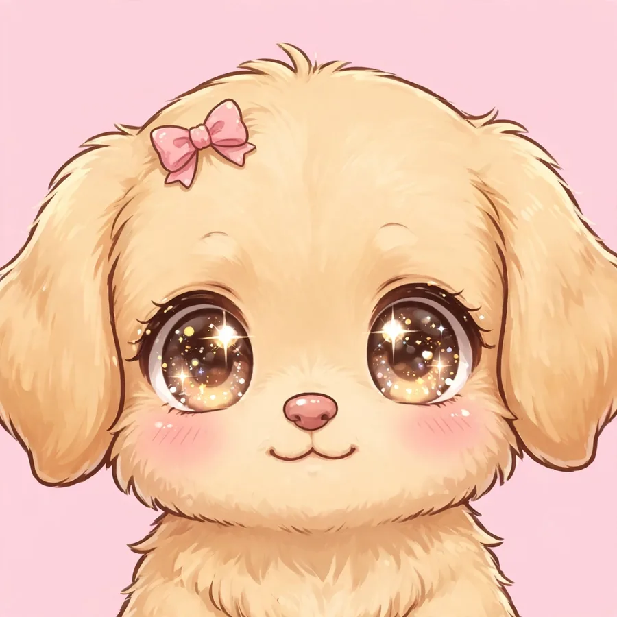 Cute dog pfp: original kawaii golden retriever puppy with a pink bow