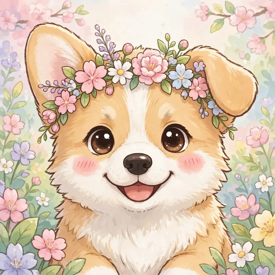 Cute dog pfp: original smiling corgi puppy with a flower crown