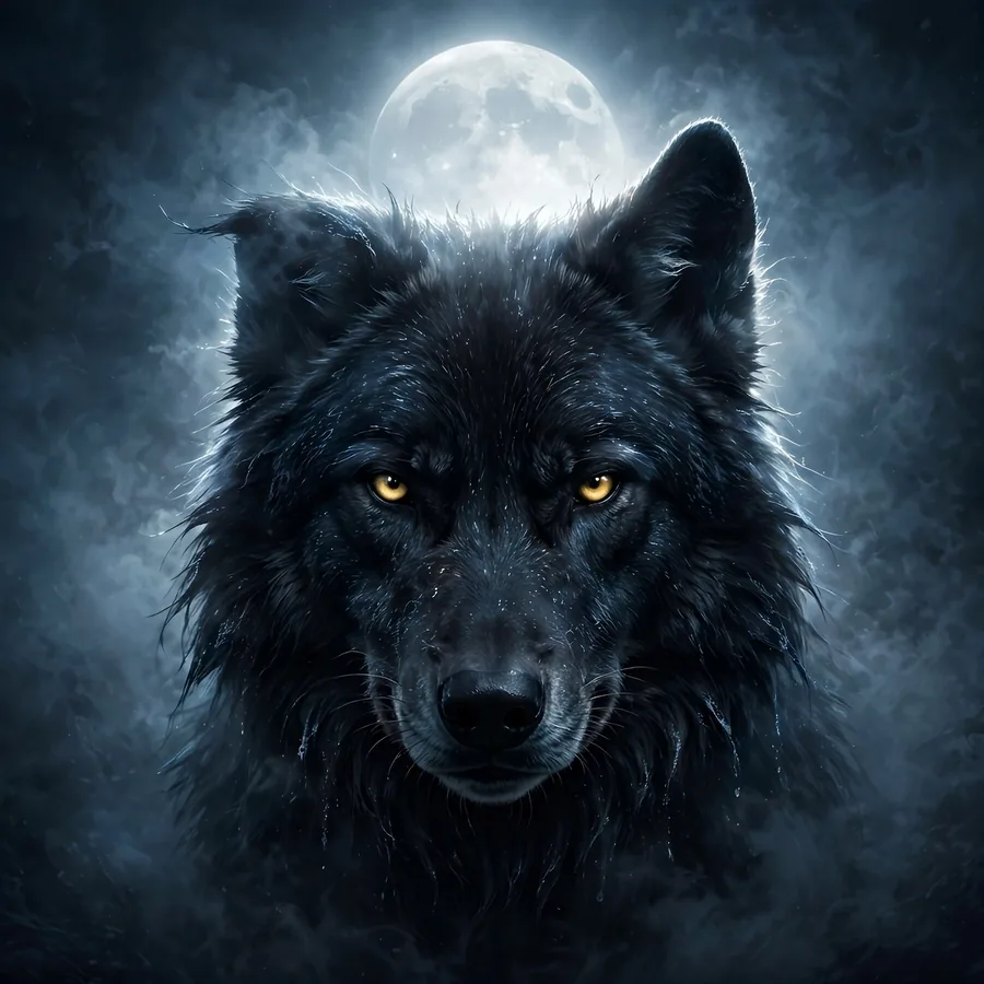 Dark dog pfp: original black wolf-dog in fog with moonlight