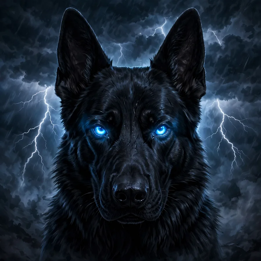 Dark dog pfp: original black german shepherd with glowing blue eyes