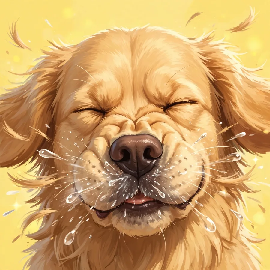 Funny dog pfp: original golden retriever mid-sneeze with a silly face