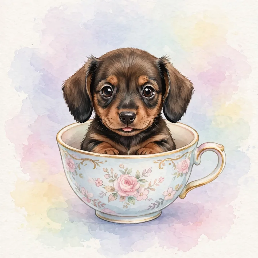 Puppy pfp: original miniature dachshund puppy sitting in a teacup