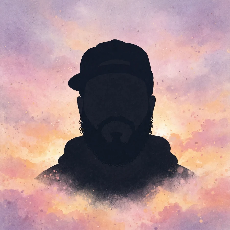 Drake pfp aesthetic: original stylized artist silhouette against dreamy pastel sunset gradient