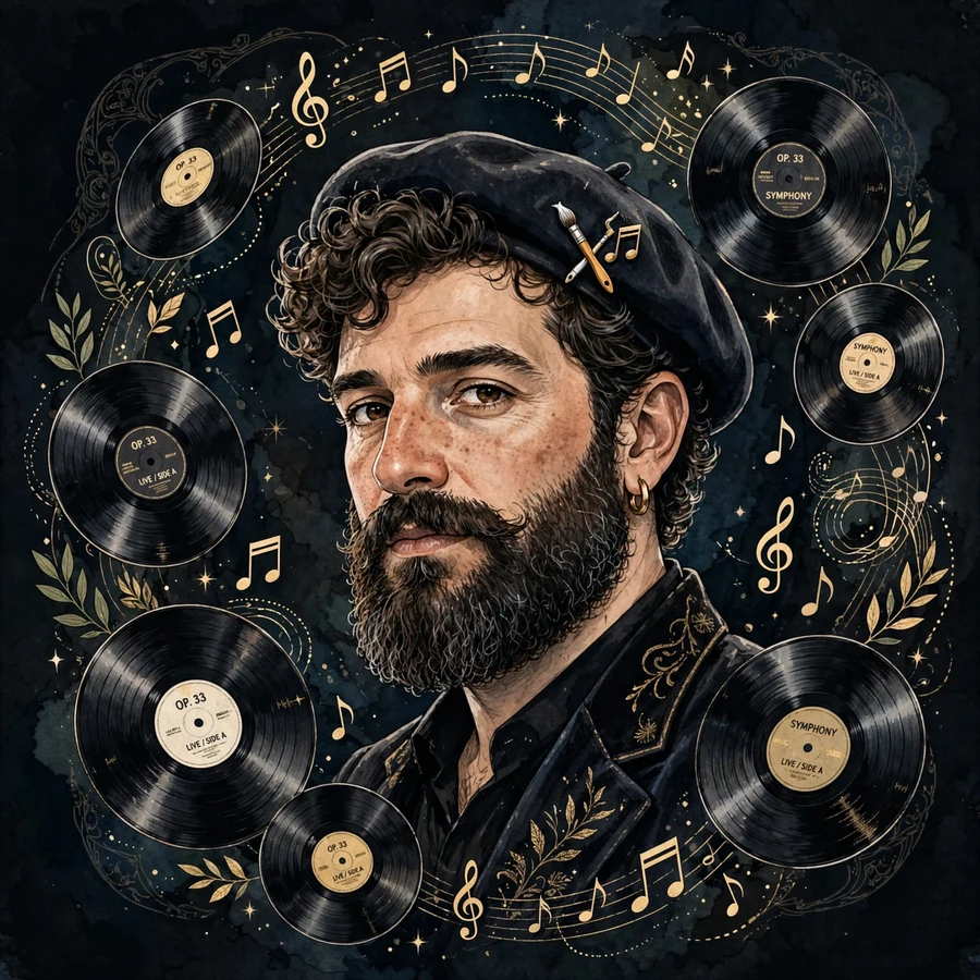 Drake profile pic: original stylized bearded artist with floating vinyl records