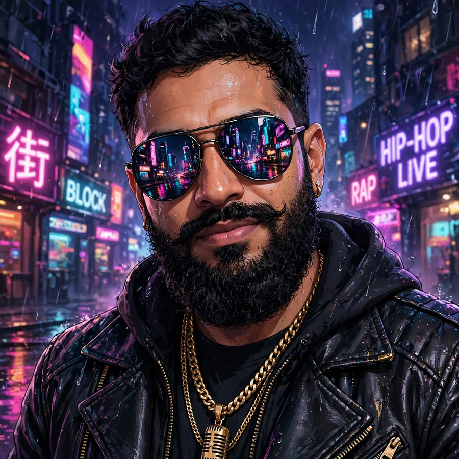 Cool drake pfp: original stylized bearded artist with sunglasses and neon city reflections