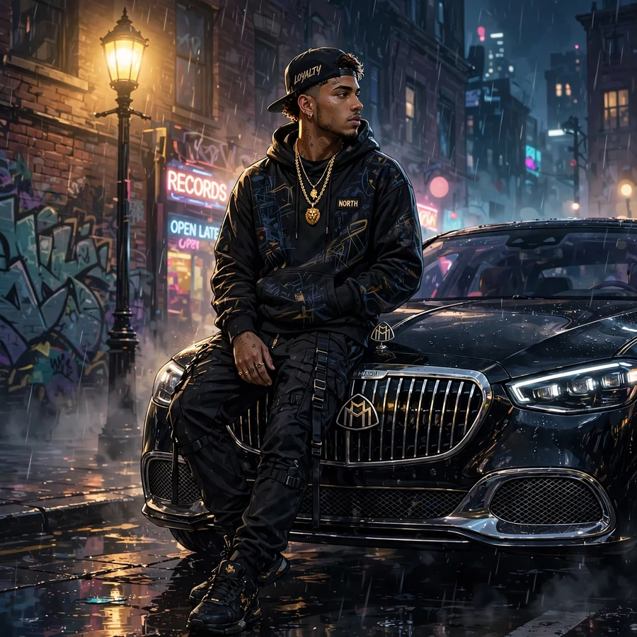 Cool drake pfp: original stylized hip-hop artist leaning on luxury car at night