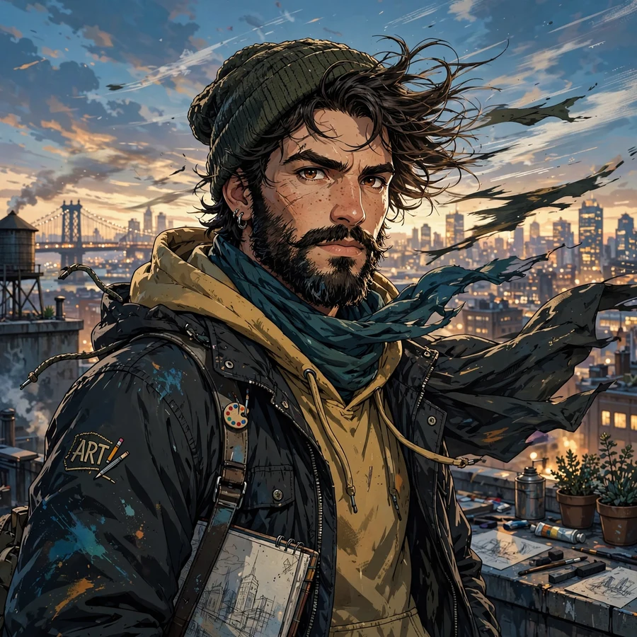 Cool drake profile pic: original stylized bearded artist on rooftop with city behind