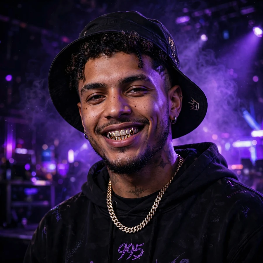 Cool drake pfp: original stylized hip-hop artist with gold grill in purple stage light