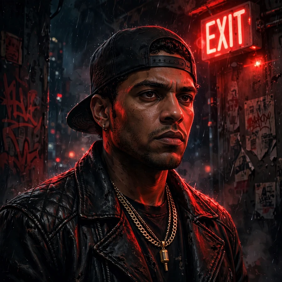Dark drake pfp: original stylized hip-hop artist in leather jacket under red neon light
