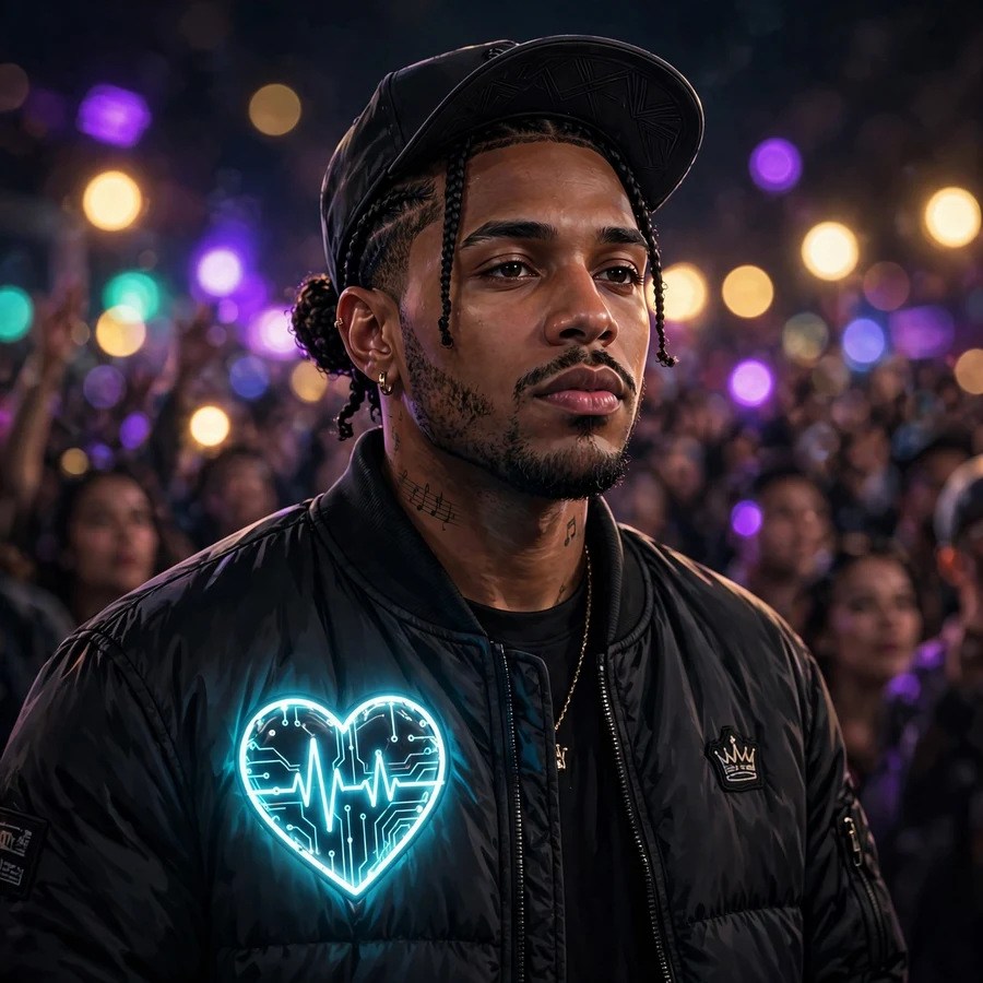 Drake pfp: original stylized artist portrait with glowing heart emblem and concert bokeh