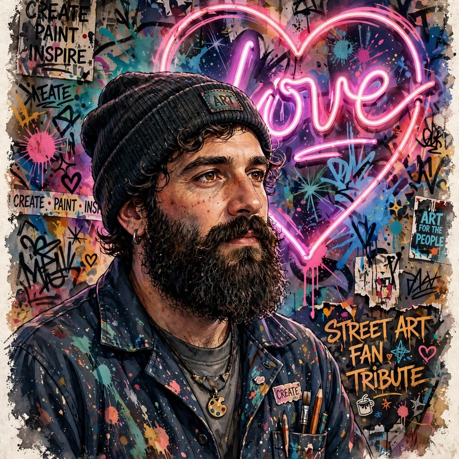 Drake pfp: original stylized bearded artist portrait with neon love graffiti heart wall