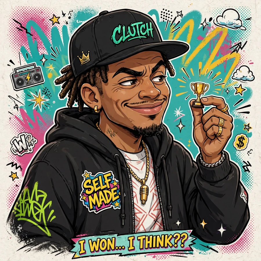 Funny drake pfp: original comedic illustration of hip-hop artist with smug grin holding trophy