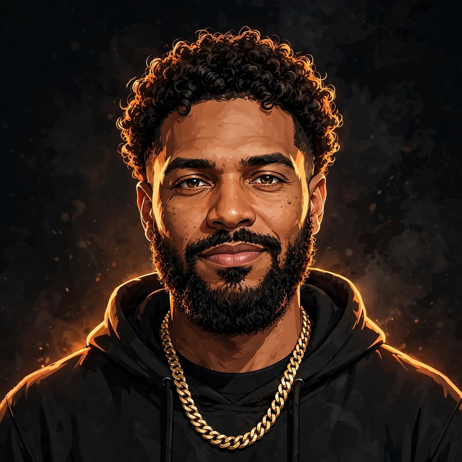 Drake pfp: original stylized bearded hip-hop artist portrait with gold chain in dark studio light