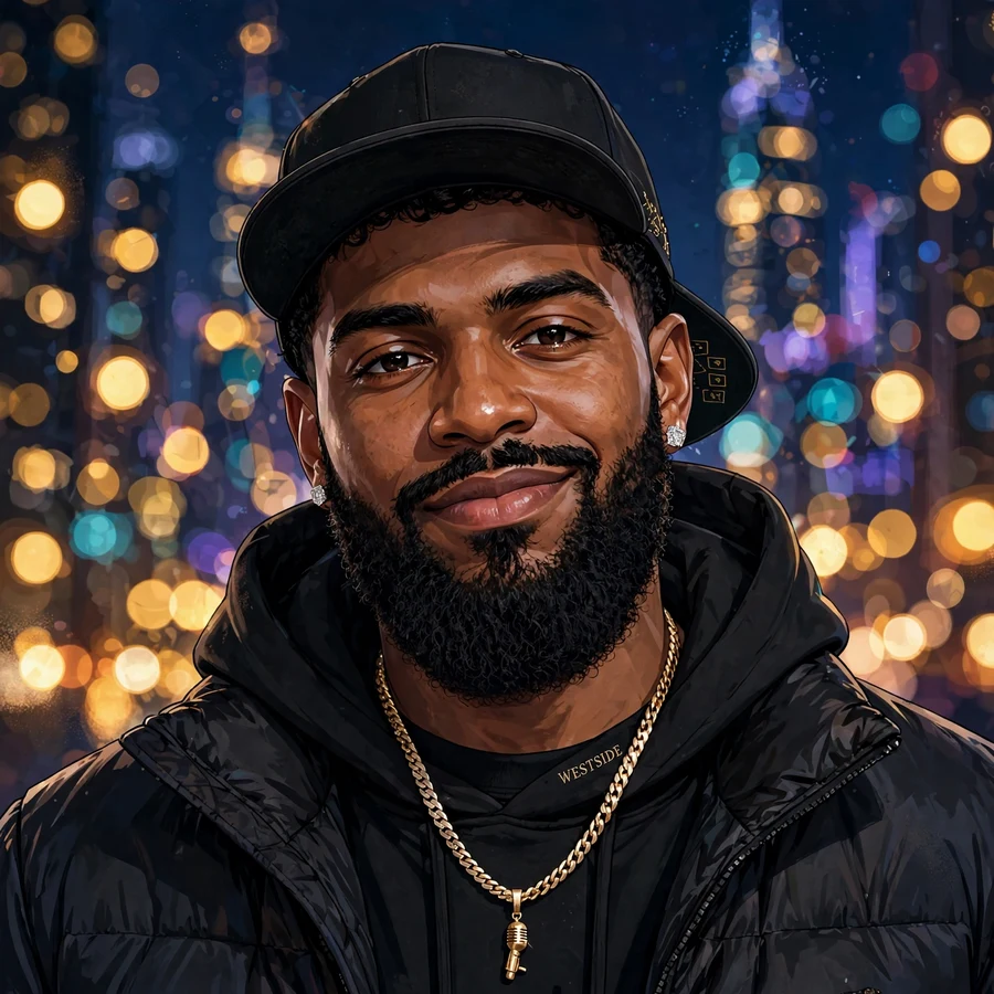 Pfp drake: original stylized bearded artist with diamond earrings and night city bokeh