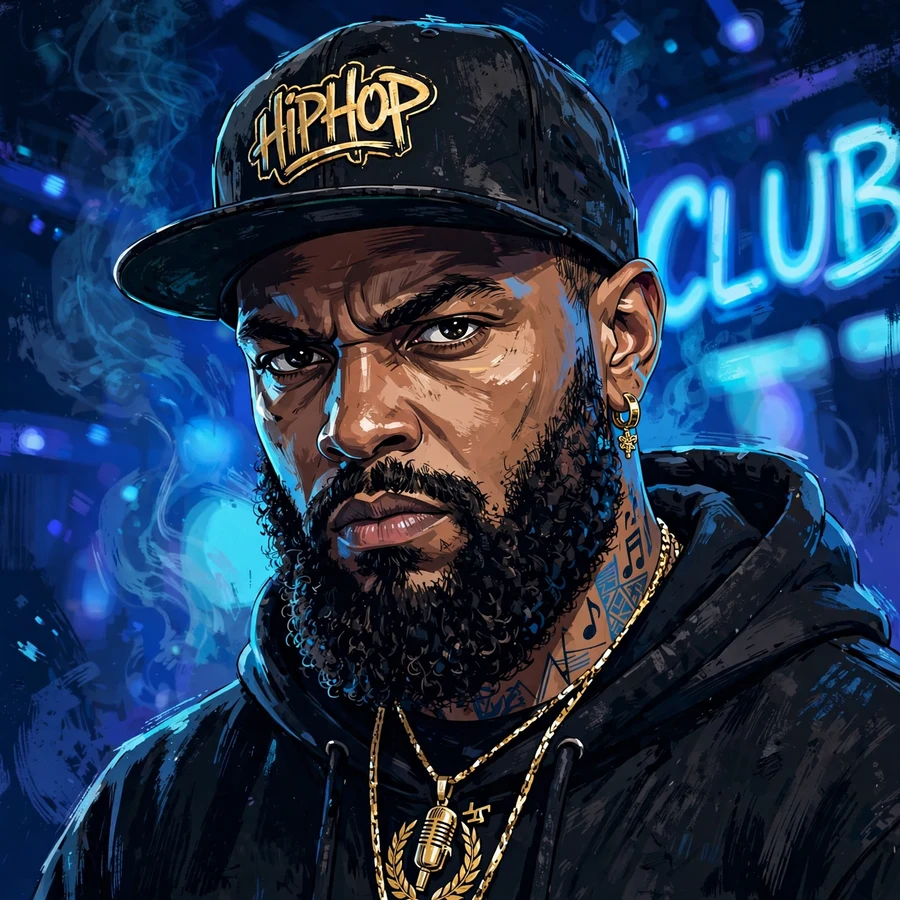 Drake pfp: original stylized bearded artist close-up with intense gaze in blue nightclub light