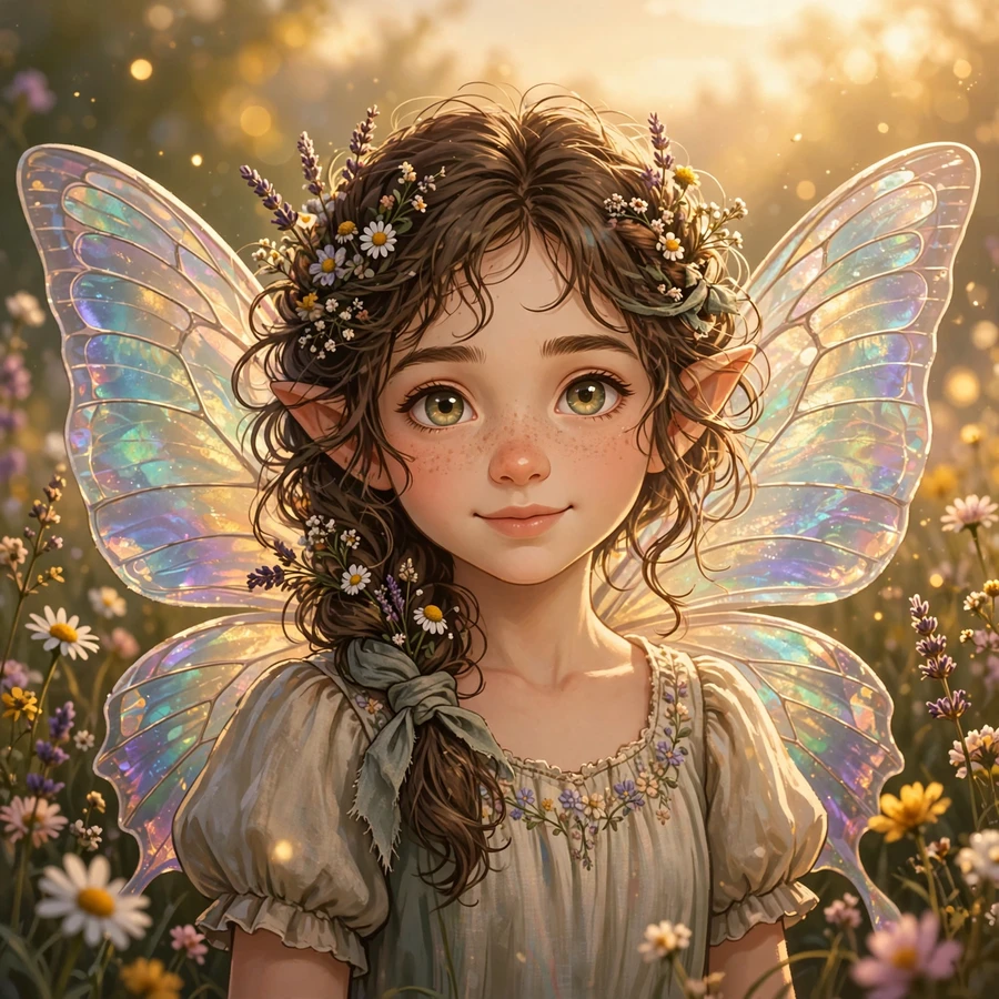 Discord profile picture: butterfly girl with iridescent wings at golden hour