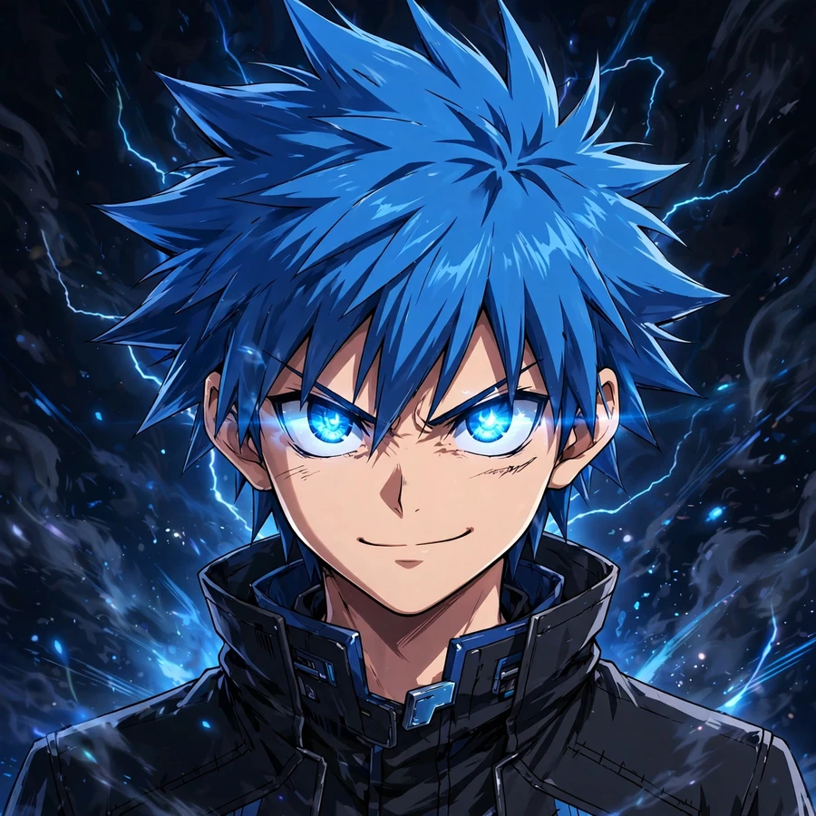 Discord profile picture: confident anime boy with glowing eyes