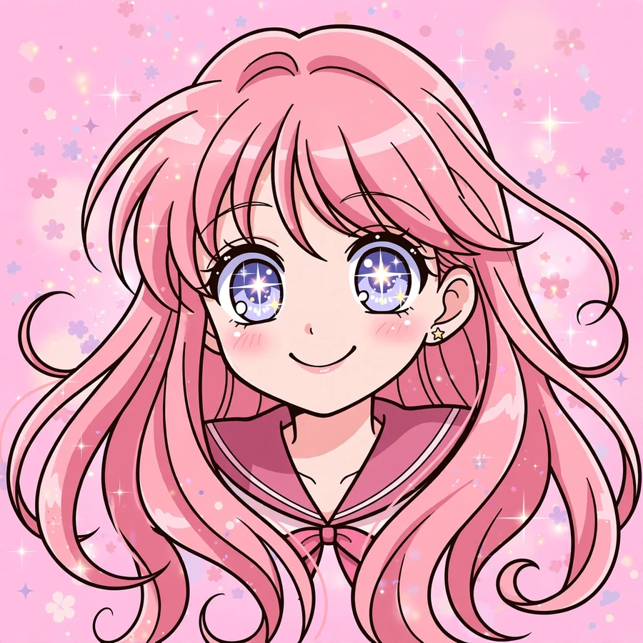 Pfp for discord: smiling anime girl with pink hair and sparkling eyes
