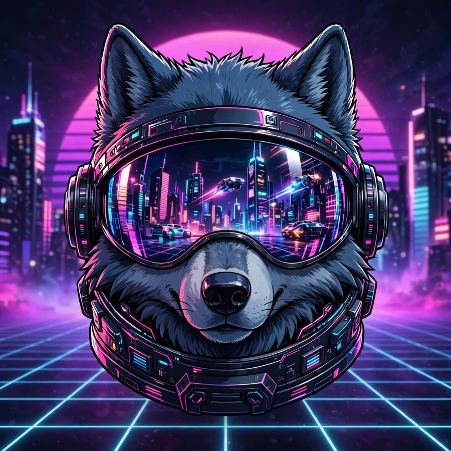 Pfp for discord: astronaut wolf under synthwave neon glow