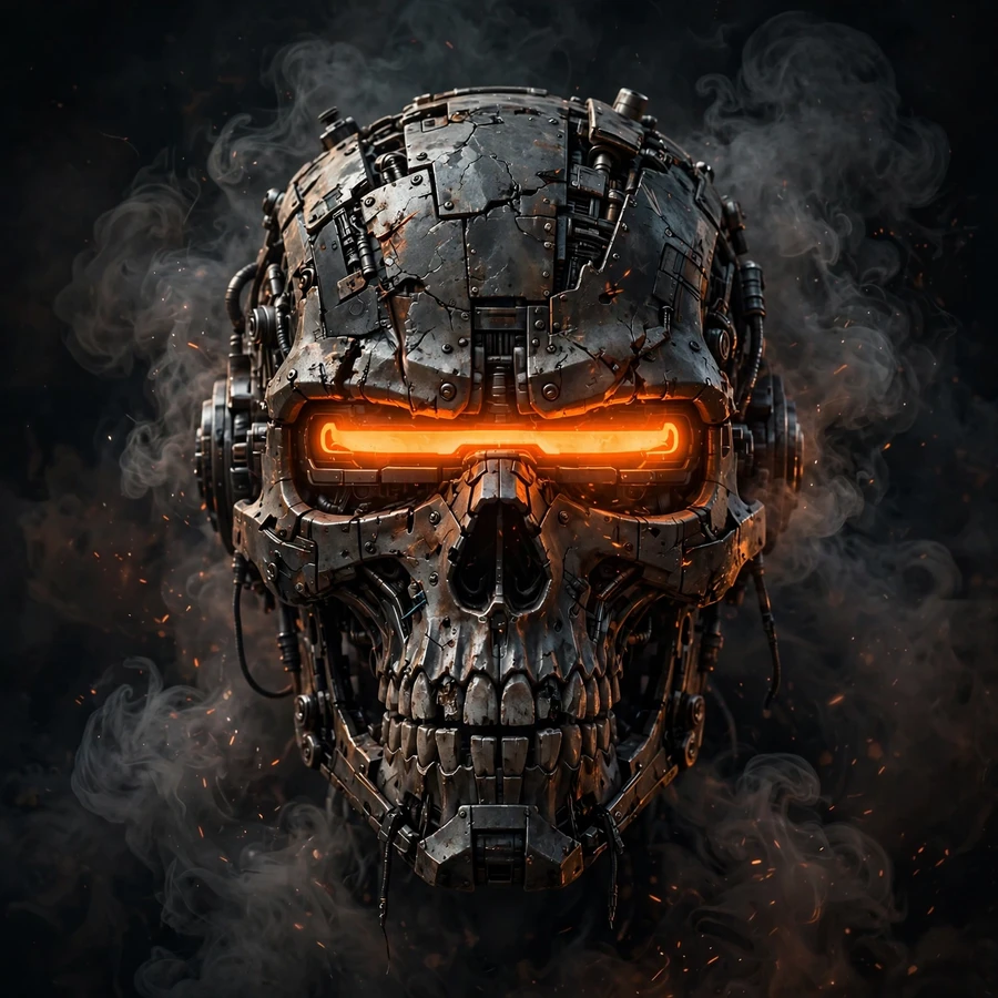 Discord profile picture: rugged robot skull with glowing orange visor