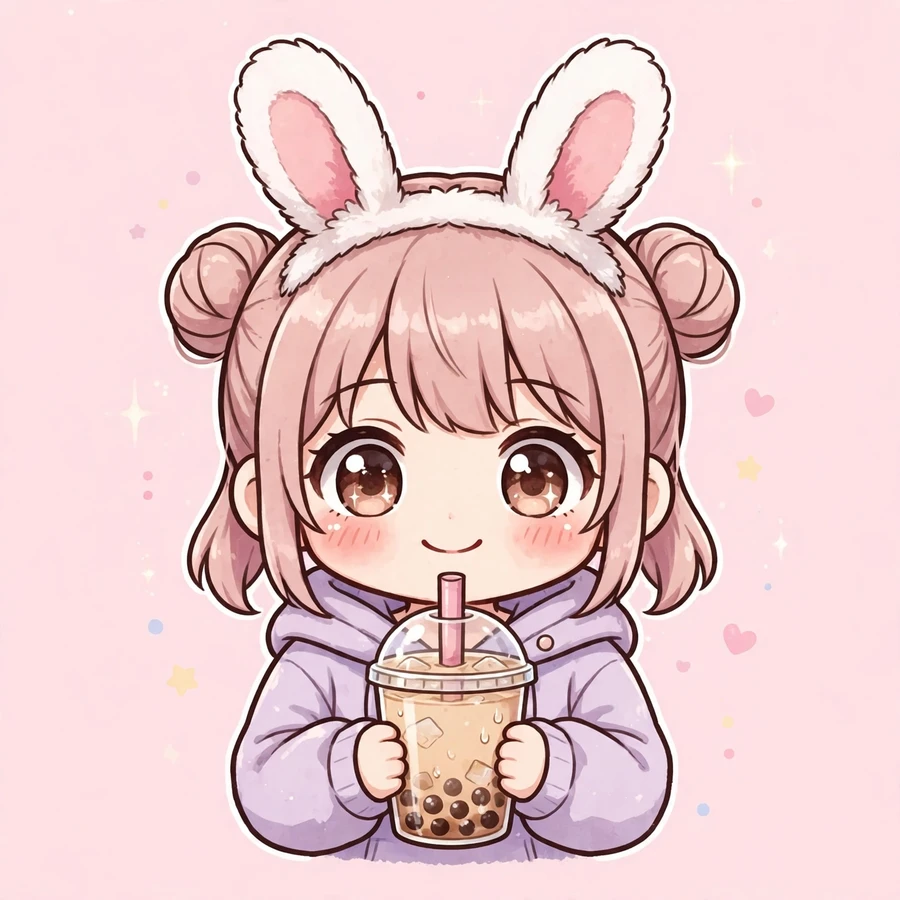 Cute discord pfp: blushing bunny-ear girl with boba cup