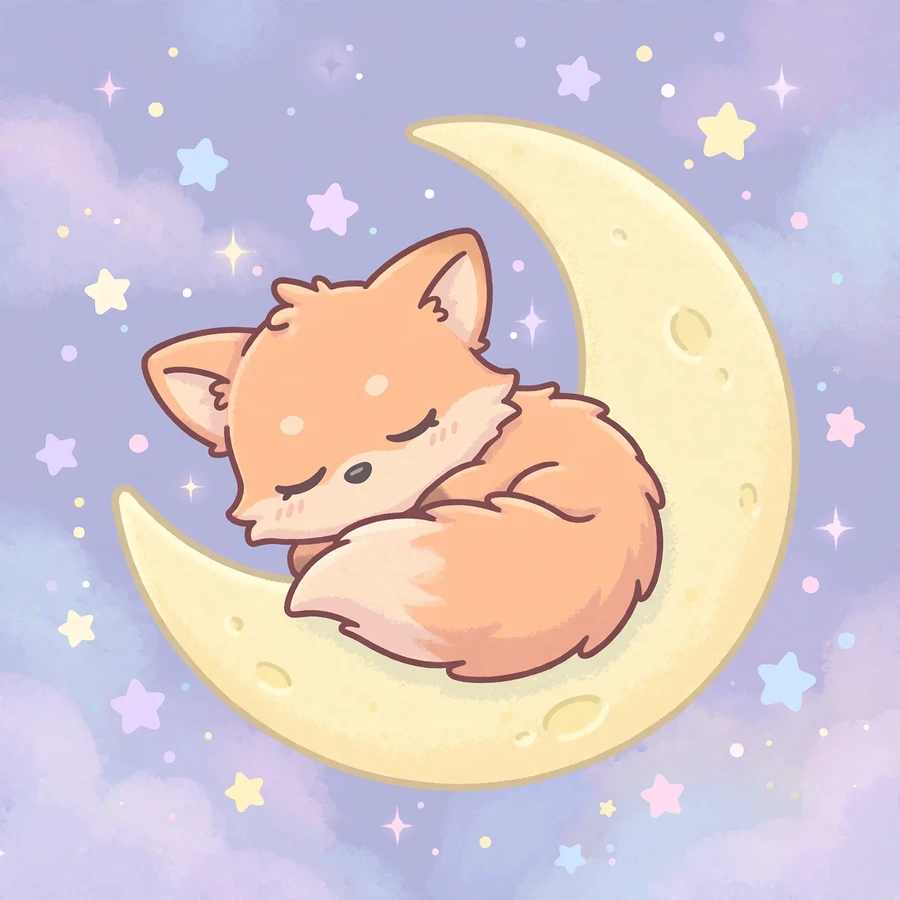 Discord profile picture: sleepy chibi fox on a crescent moon